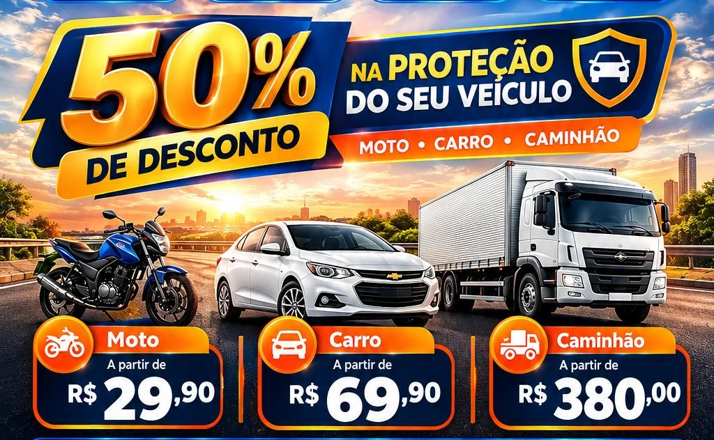 50% de desconto na proteção do seu veículo. Moto a partir de R$ 29,90, carro a partir de R$ 69,90 e caminhão a partir de R$ 380,00.